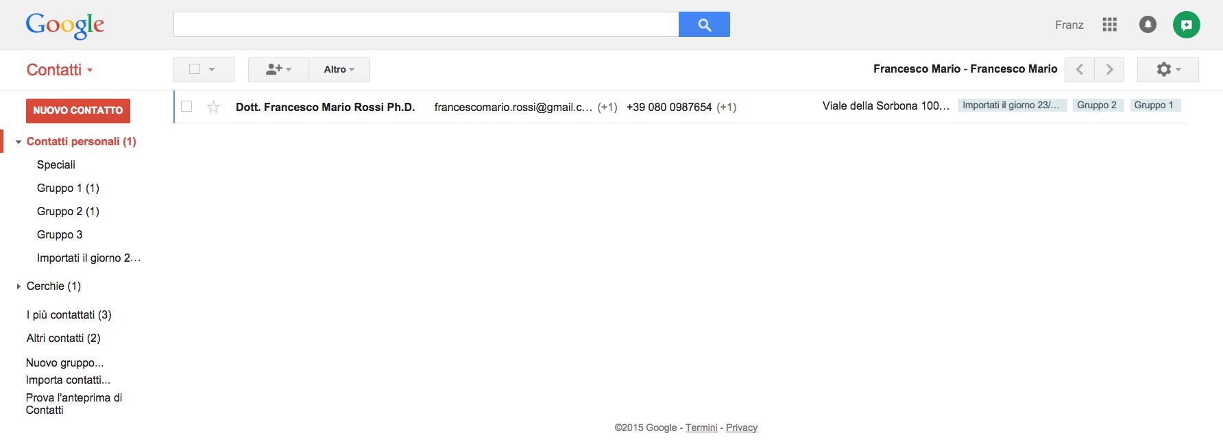 Contatto importato in Gmail
