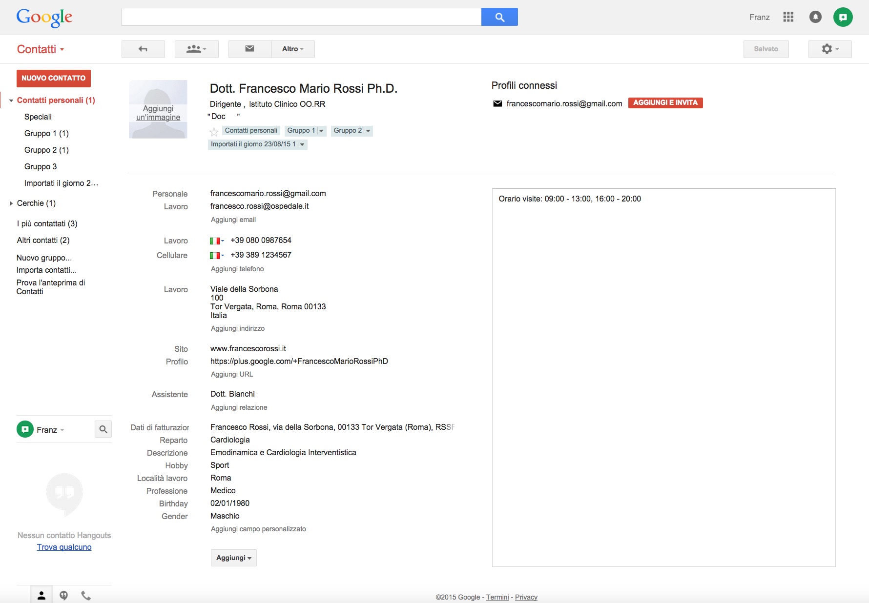 Dettagli contatto importato in Gmail