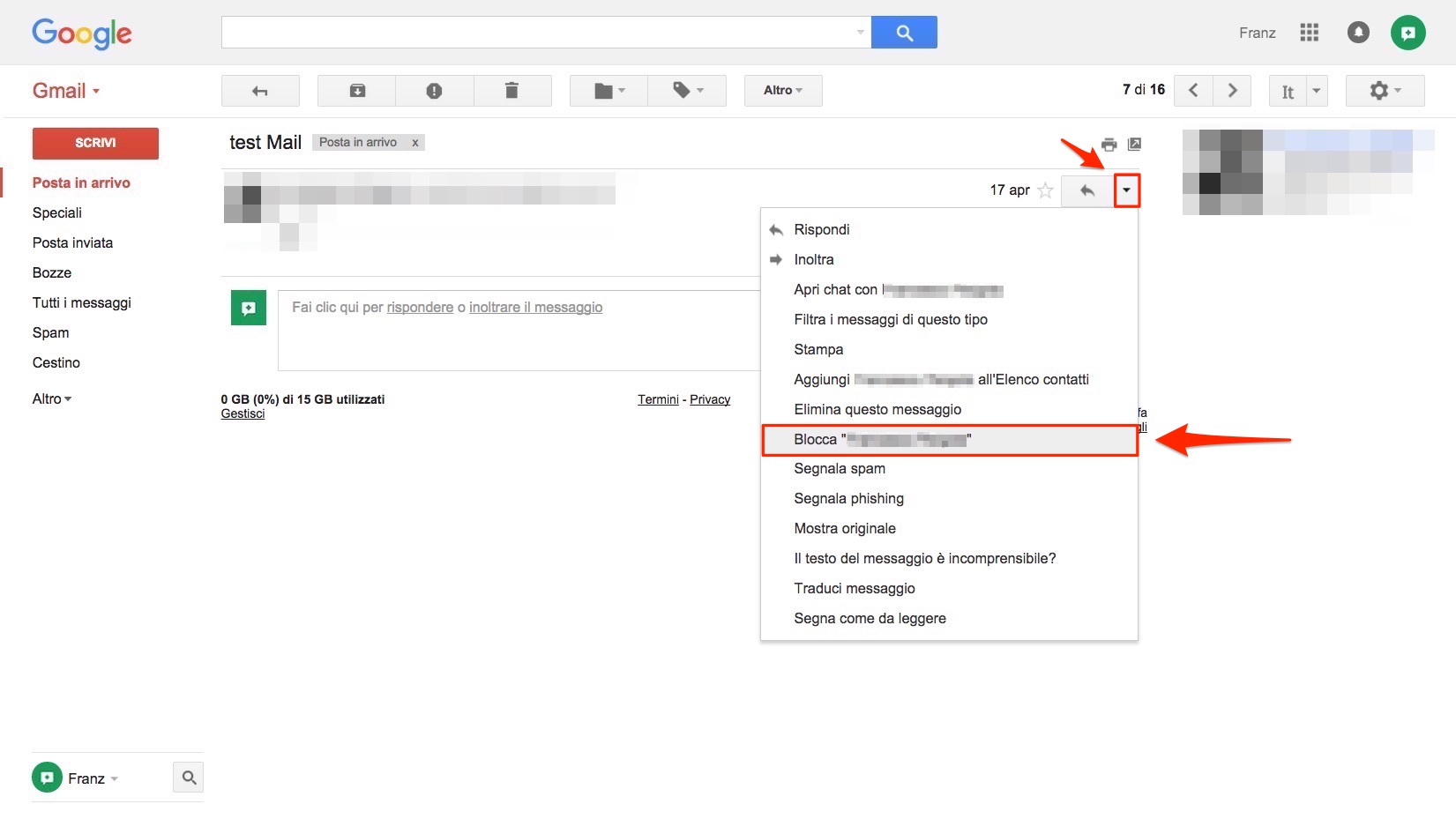 Blocca utente spam Gmail