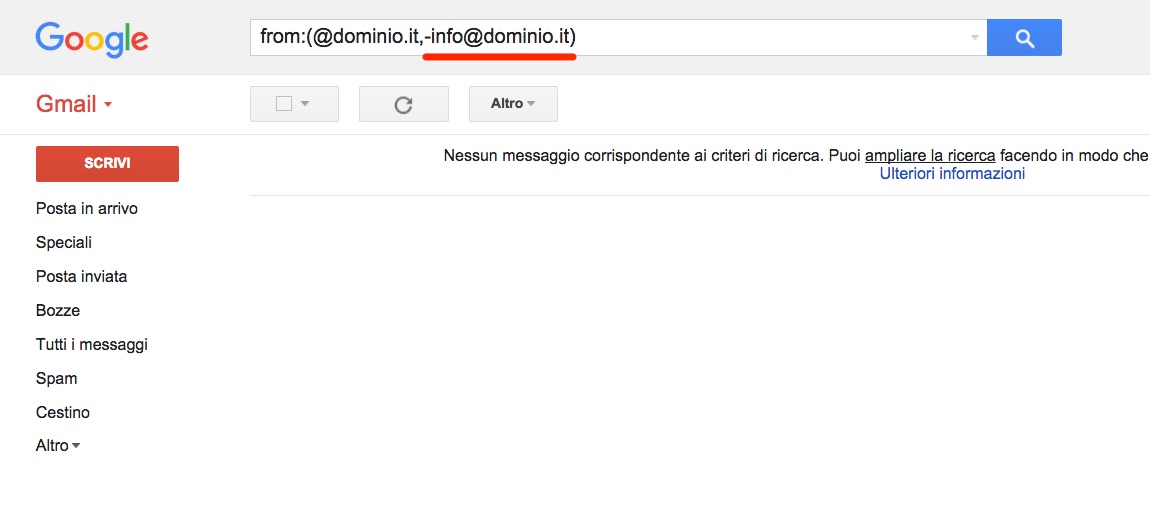 Filtri Gmail operatore NOT