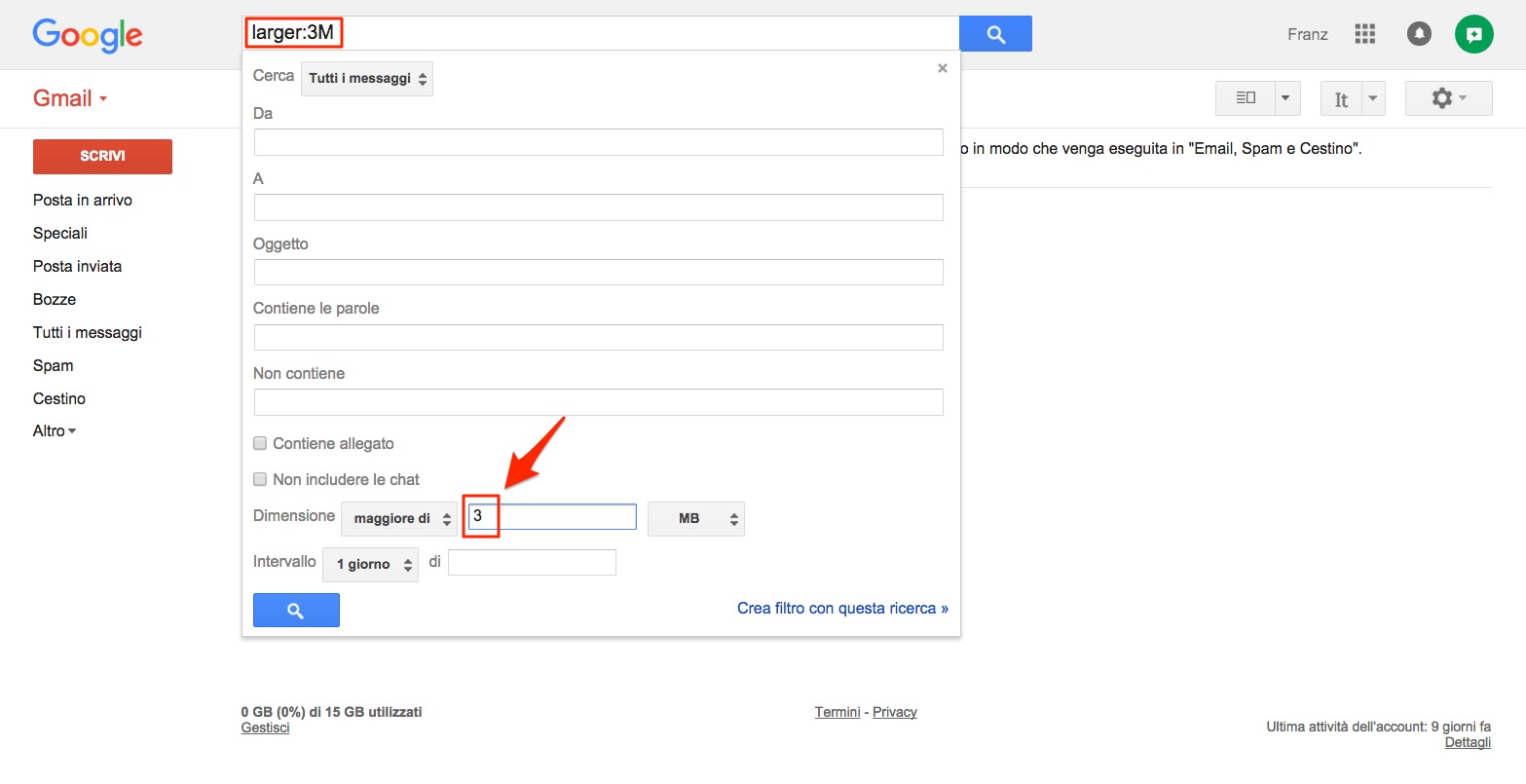 Gmail ricerca operatore Larger: