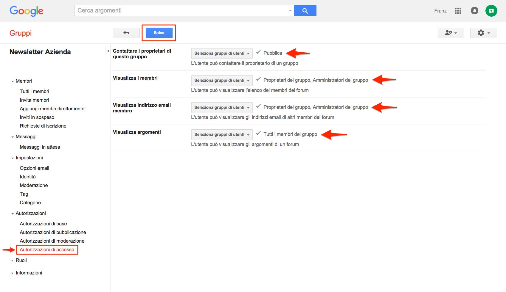 Autorizzazioni accesso Google Groups