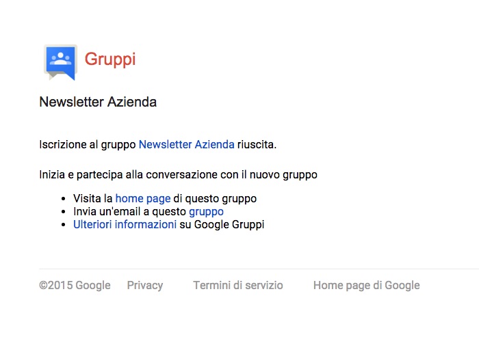 Avvenuta iscrizione Google Groups