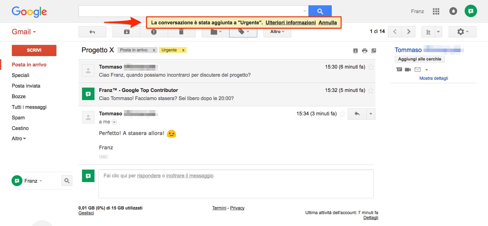Etichettatura manuale conversazione Gmail