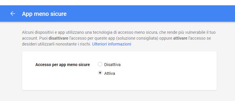 Gmail - Accesso per app meno sicure