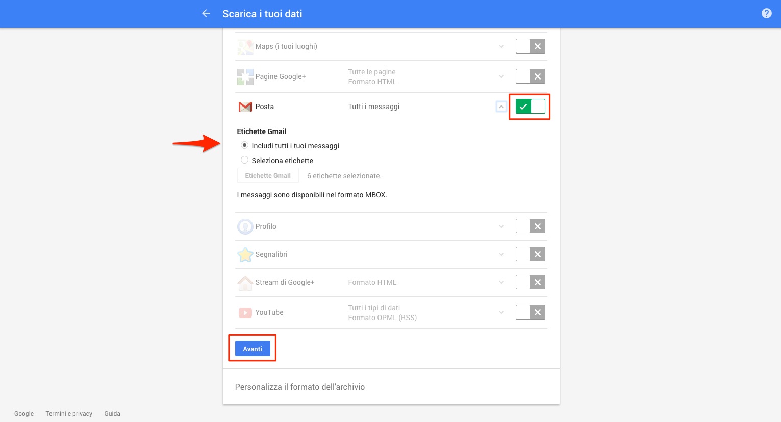 Google Takeout - Esportazione email MBOX