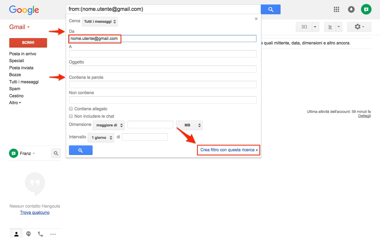 Creazione filtro in Gmail