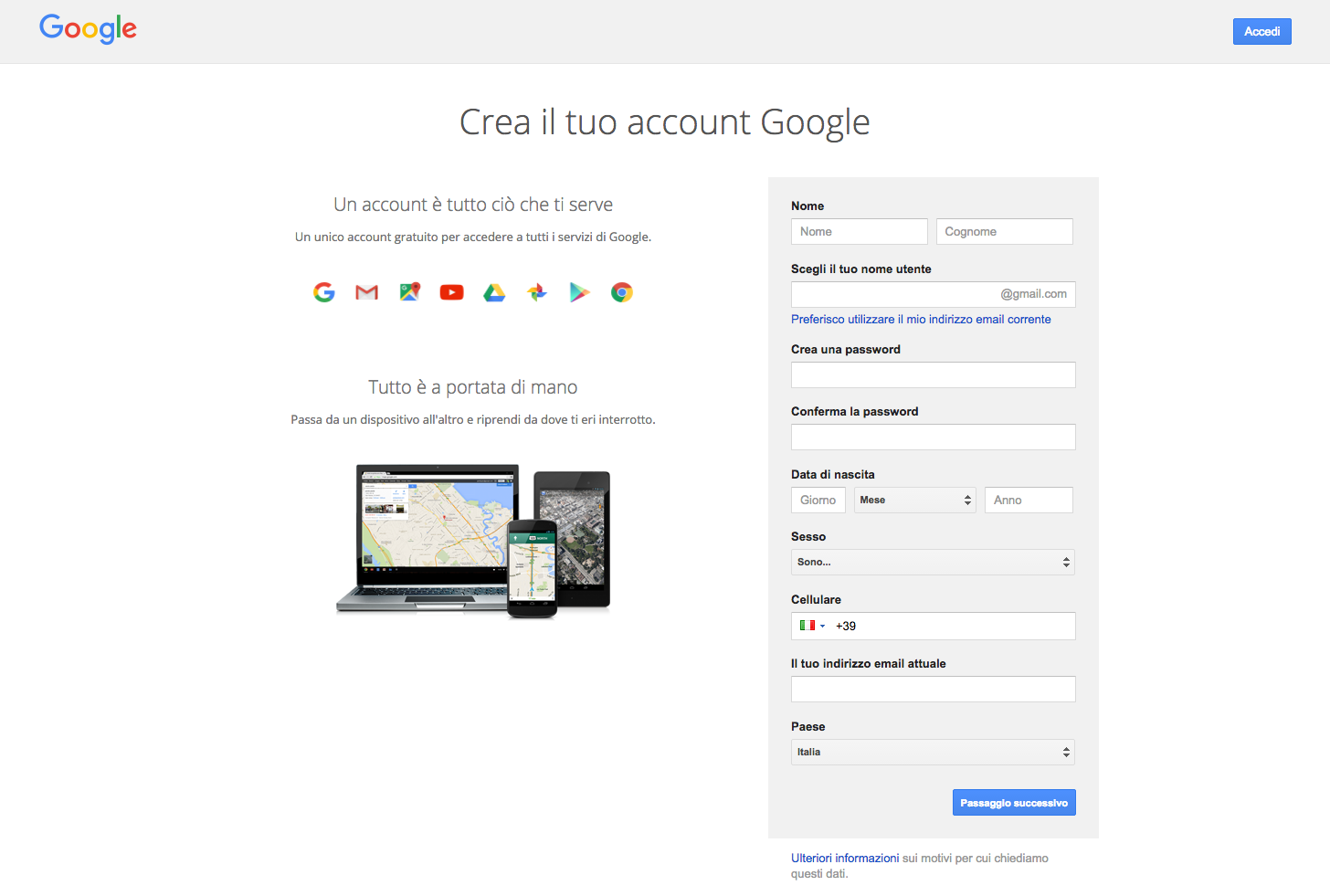 Pagina di registrazione Account Google