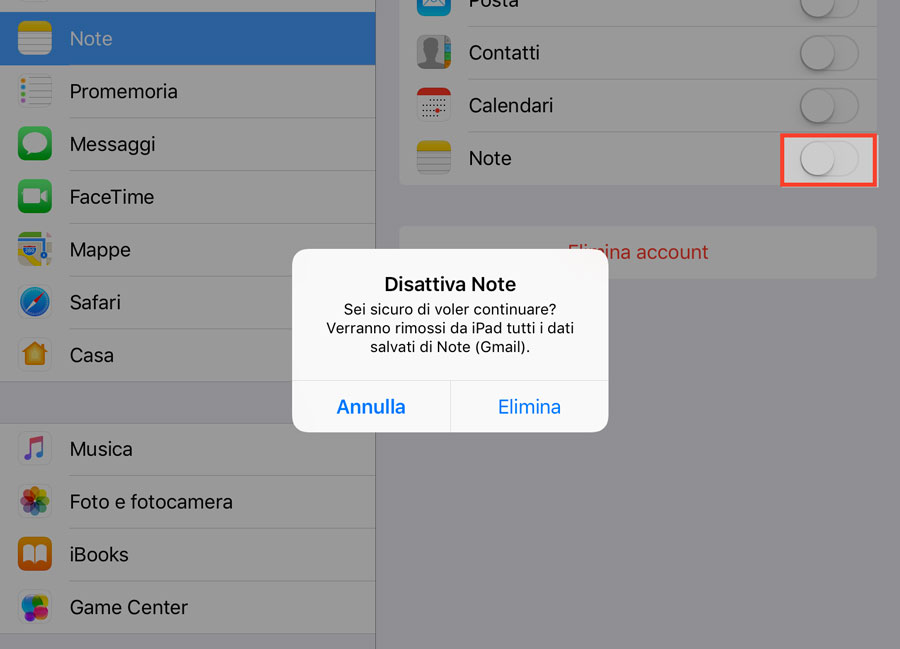 Note di iOS sincronizzate con Gmail ed eliminate