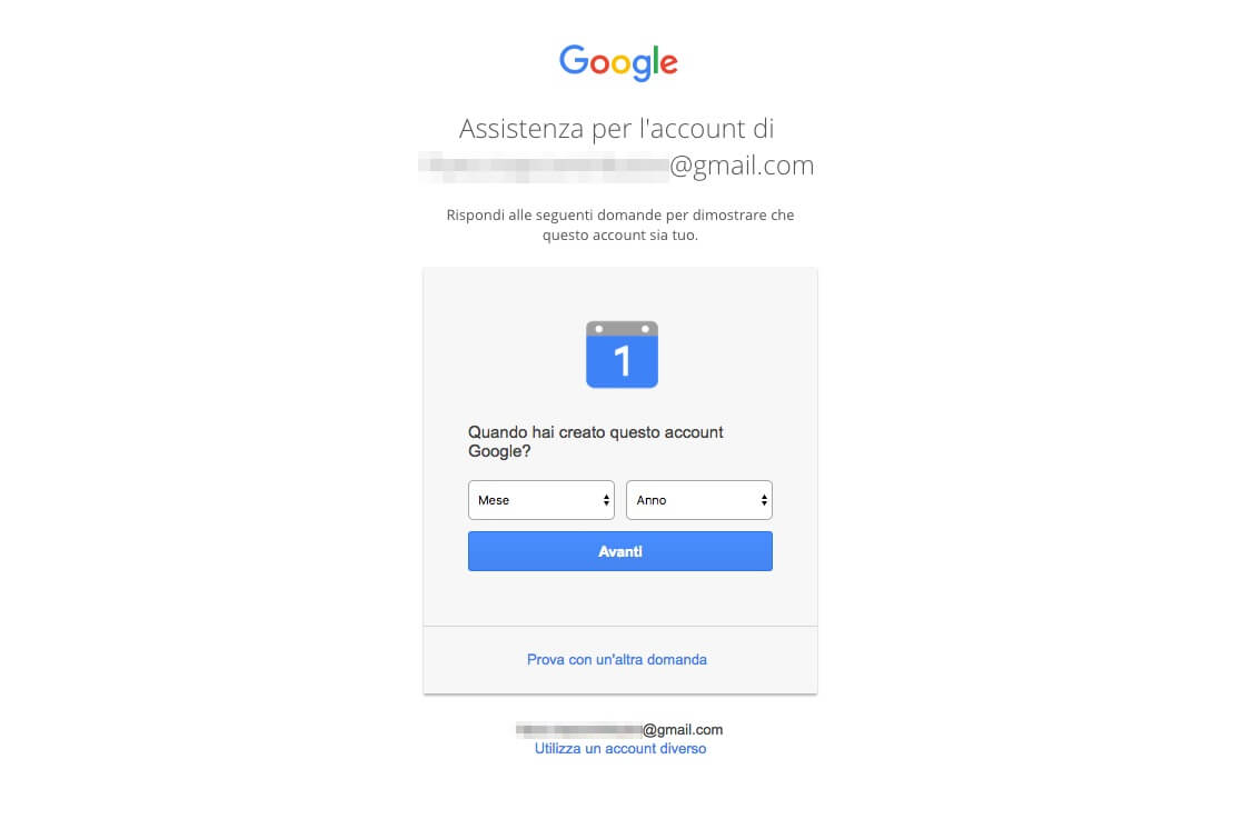 Recupero password Account Google - Data di creazione dell'account