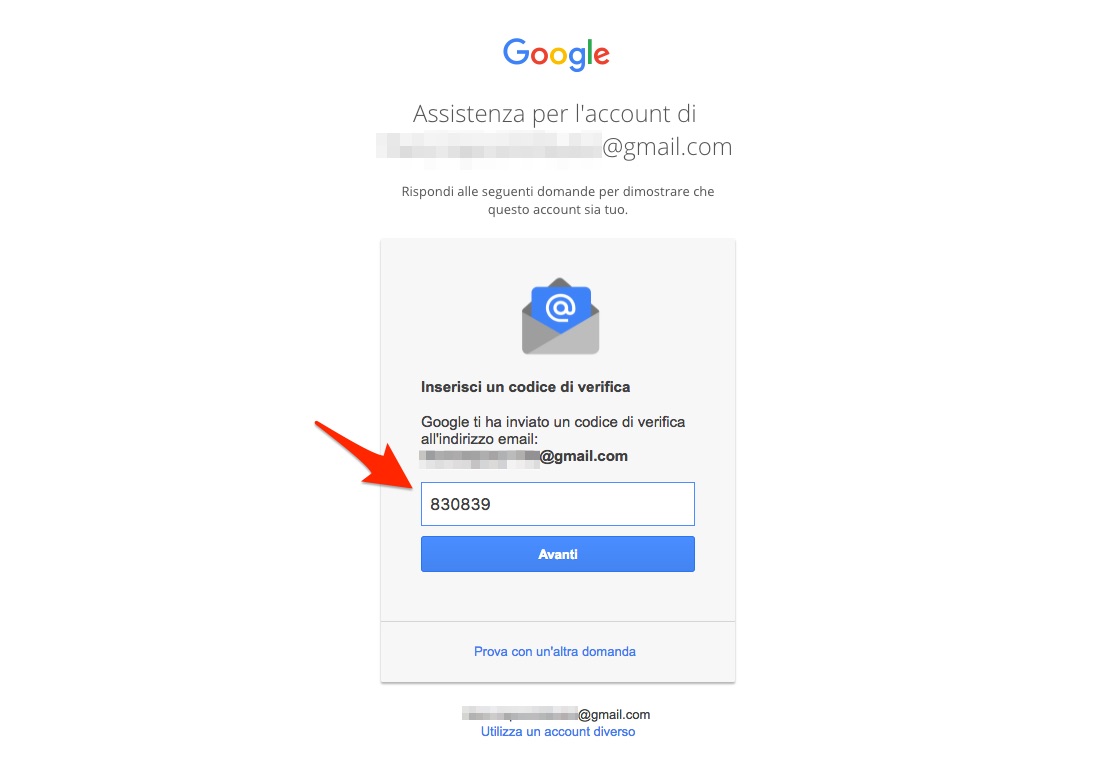 Recupero password Account Google - Email di contatto