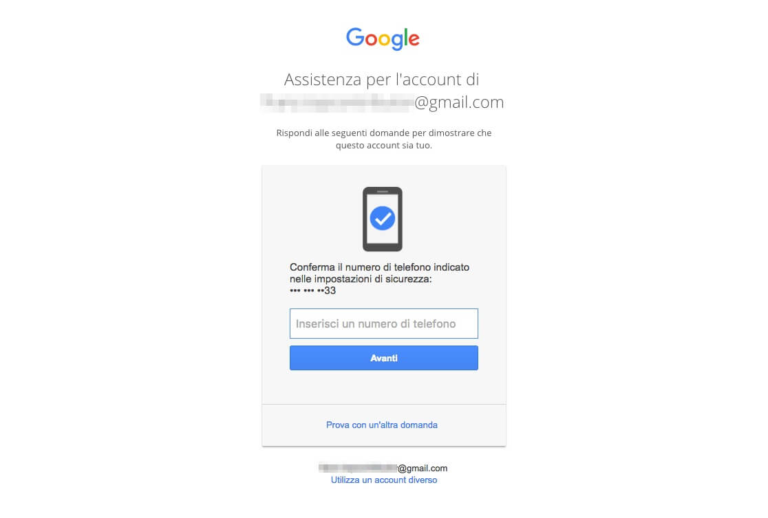 Recupero password Account Google - Conferma numero di telefono