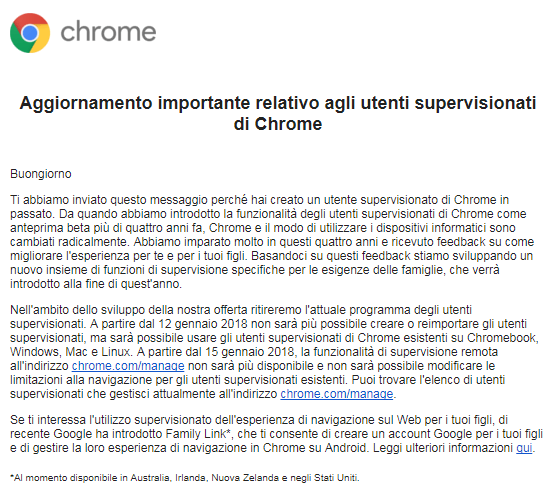 Aggiornamento importante relativo agli utenti supervisionati di Chrome