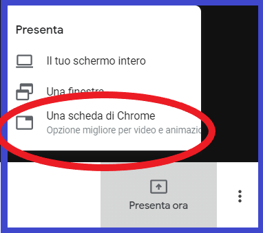 Condividi in Google Meet il contenuto e l'audio di una delle schede di Chrome.