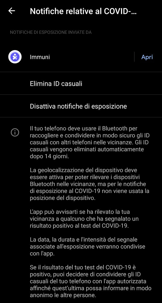 schermata notifiche di esposizione con app Immuni installata