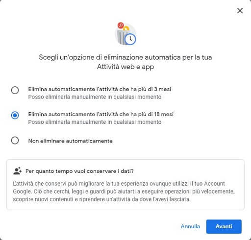 opzioni di eliminazione attività web e app