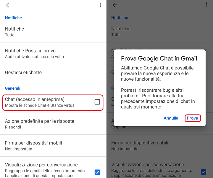 Google Chat e Room attivazione da app Gmail