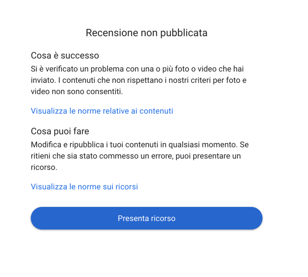 Recensione Google non pubblicata Ricorso